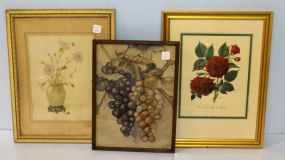 Two Framed Flower Prints & Framed Grape Picture