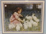 Girl With Rabbits Print In Blue Frame