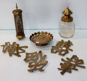Brass Candlesticks, Bowl, Vases & Four Plaques