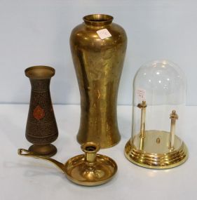 Brass Candlesticks, Two Vases & Clock Dome