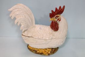 Large Painted Pottery Rooster Tureen Signed