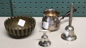 Two Silverplate Bells, Creamer & Brass Bowl