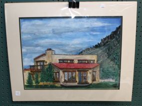 Unframed Watercolor of House and Mountains