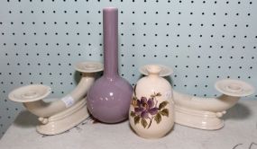 Pair of Pottery Candleholders & Two Vases