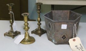 Three Brass Candlesticks & Metal Pot
