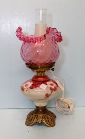 Pink Flowered Converted Lamp with Pink Ruffled Shade