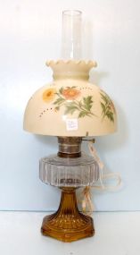 Converted Amber and Clear Oil Lamp with Flowered Shade