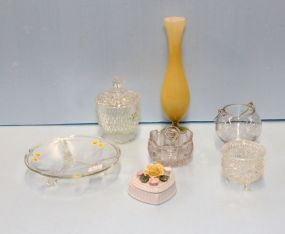 Four Pressed Glass Dishes, Vase, Tray & Heart Dish