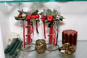 Two Glass and Metal Candle Holders, Brass Candle Holder & Candles