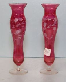 Pair of Etched Cranberry Flashed Vases