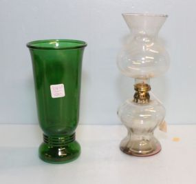 Green Glass Vase & Clear Oil Lamp