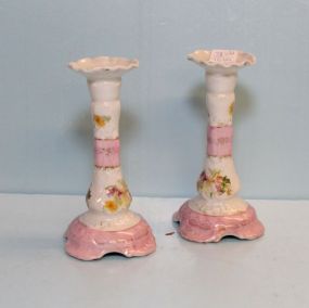 Pair of CT Pink Hand Painted Candlesticks 