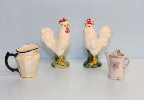 Two Porcelain Roosters & Two Creamers