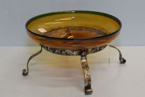 Amber Art Glass Center Bowl with Metal Base
