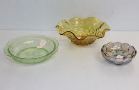 Yellow Bowl, Green Depression Bowl & Iridescent Bowl