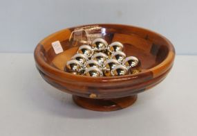 Wood Bowl & Small Silver Christmas Balls