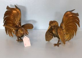 Two Brass Fighting Roosters