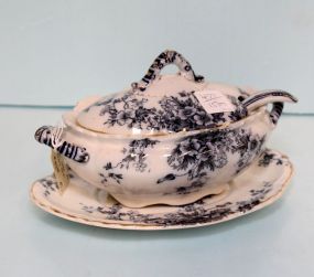 Blue and White Small Covered Tureen with Ladle & Underplate 
