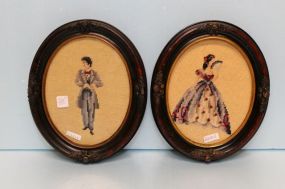 Two Needlepoint Oval Pictures in Carved Frames