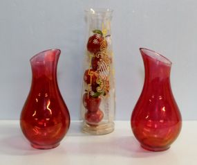 Two Cranberry Flashed Vases & Clear Vase