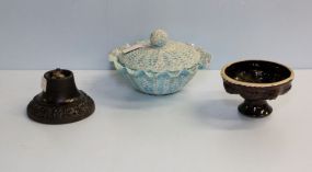 Pottery Vase, Blue Covered Dish & Metal Lamp Bracket