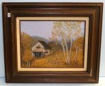 Framed Oil on Board of Old House in Field