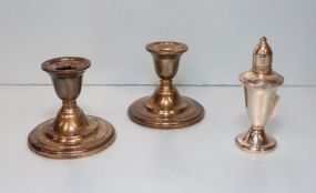 Weighted Sterling Pair of Candlesticks & Shaker
