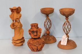 Terra Cotta Lady Figurine, Vase & Two Candle Holders