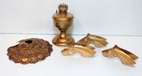 Small Brass Oil Lamp, Three Brass Horse Heads & Light Fixture Plate