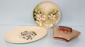 Hand Painted Plate, Oval Platter & Covered Pottery Dish