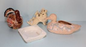 Turkey Gravy Boat, Milk Glass Ashtray, Duck Planter & Shoe