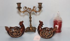 Two Rooster Candle Holders, Brass Candle Holder & Apple Candle