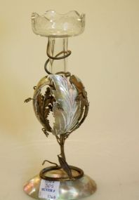 Etched Glass, Brass and Mother of Pearl Bud Vase