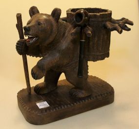 Carved Black Forest Bear Holding Stick Carrying Pot