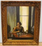 Oil Painting of Lady in Restaurant
