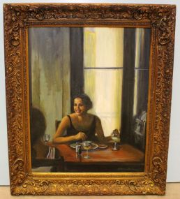 Oil Painting of Lady in Restaurant