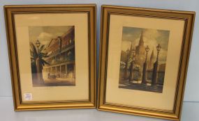 Pair of 1930’s Illinois Central Railroad prints of Historic New Orleans Landmarks by artist Al Wettel
