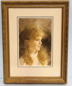 Watercolor of Young Girl Signed Dee Kelley