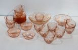 Twelve Pink Araroc France Cups/Saucer & Five Pink Depression Bowls