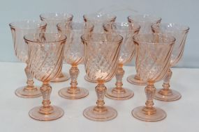 Four Rosaline Pink Depression Cups & Ten Rosaline Pink Wine Glasses