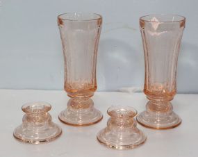 Two Tall Pink Depression Glasses & Two Candlesticks