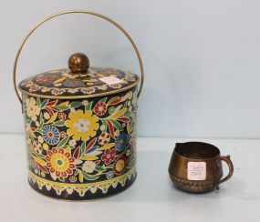 Brass Creamer & Colorful Tin Biscuit Jar