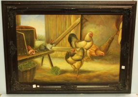 Oil Painting of Roosters and Rabbits