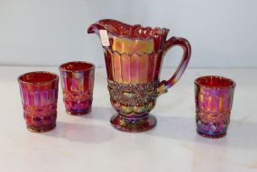 Red Carnival Glass Pitcher & Four Tumblers