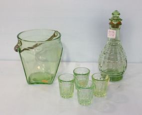 Green Depression Glass Decanter, Four Cups & Bucket