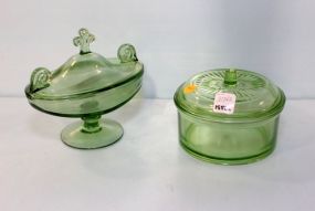 Two Green Depression Glass Covered Dishes