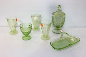 Four Green Depression Green Glasses, Covered Candy Dish & Butter Dish