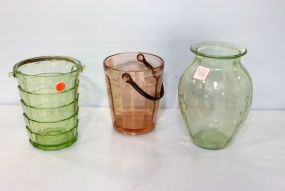 Two Depression Glass Buckets & Vase