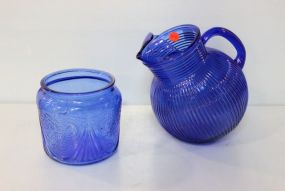 Blue Depression Glass Pitcher & Jar