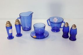 Small Blue Depression Glass Pitcher, Sugar, Four Shakers & Cup/Saucer